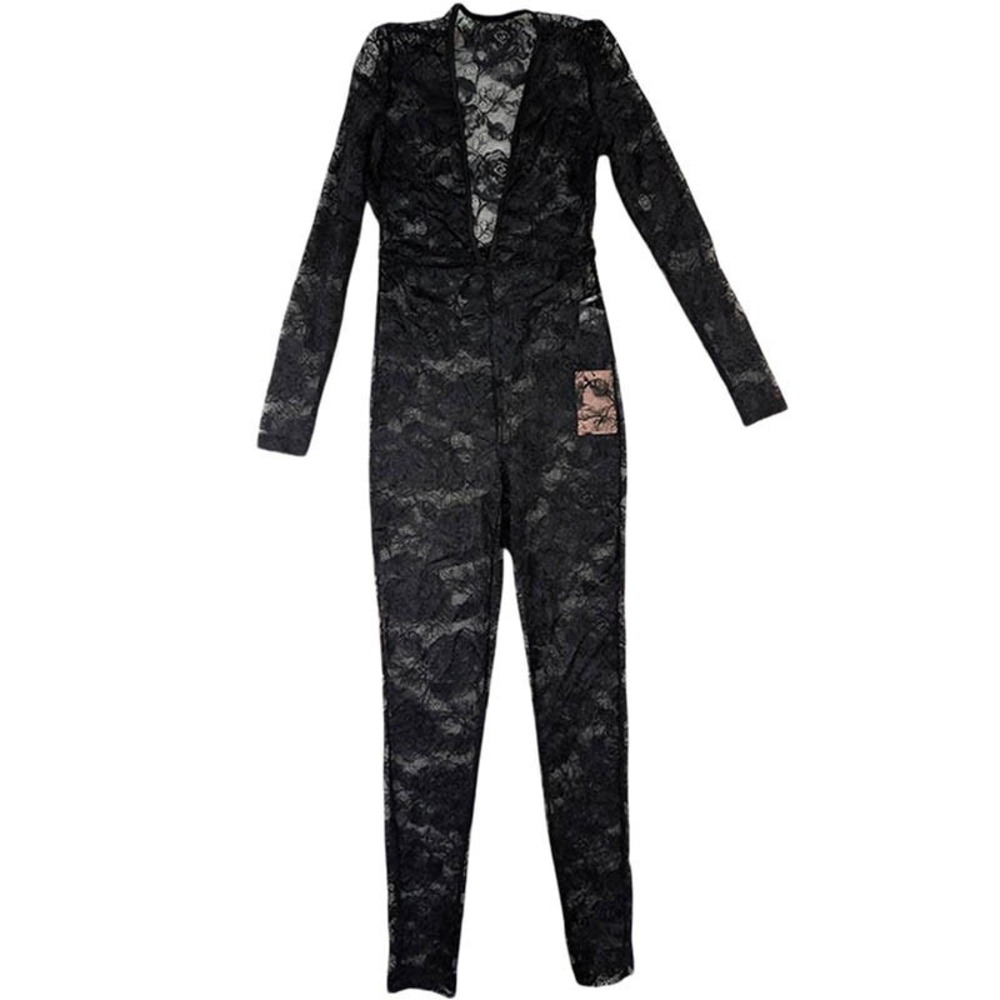NEW Catsuit Black Lace Full Length Womens XS Whimsigoth Dark Coquette Goth Glam‎